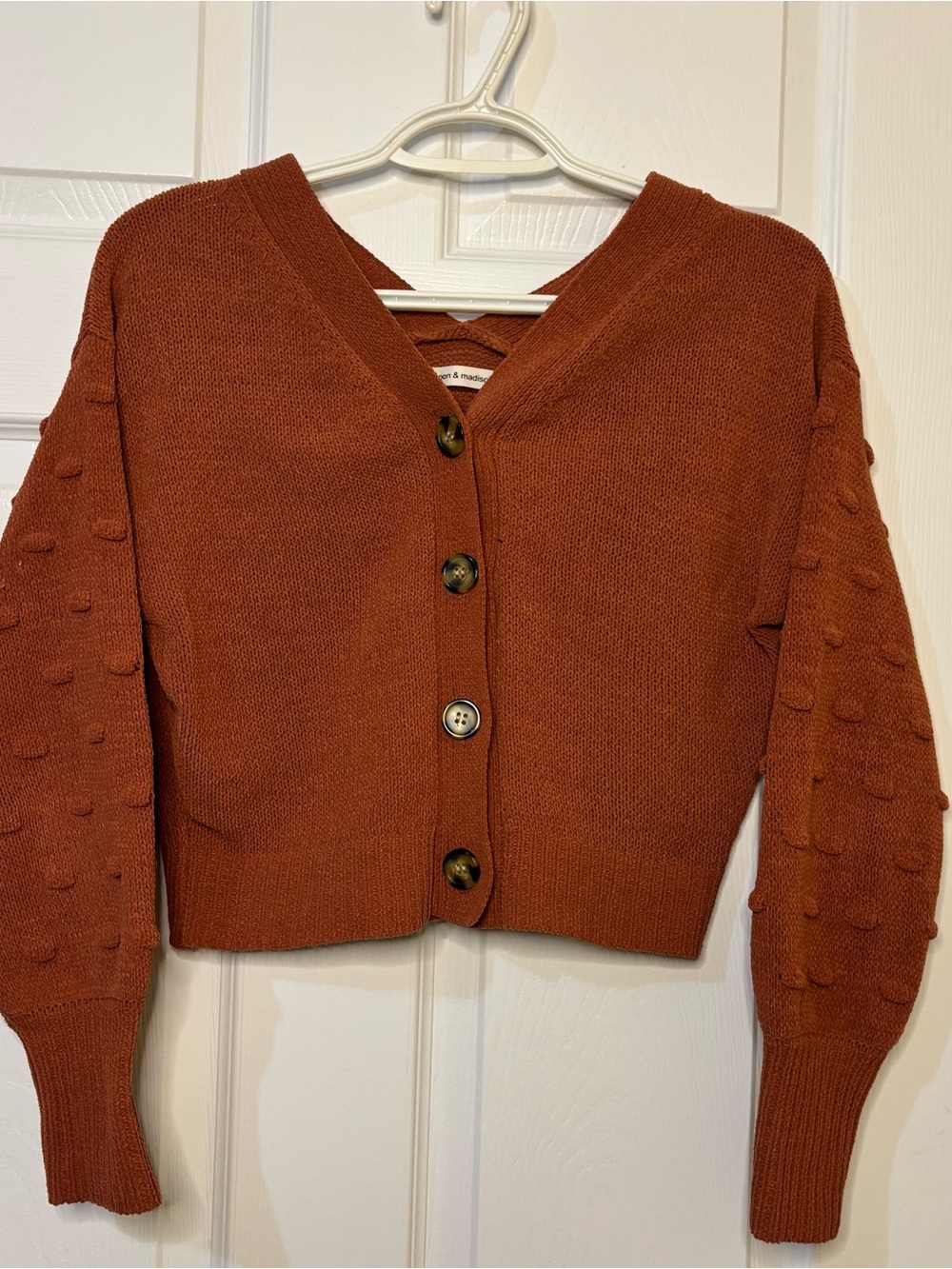 Rust Cropped Dot-Sleeve V-Neck Cardigan